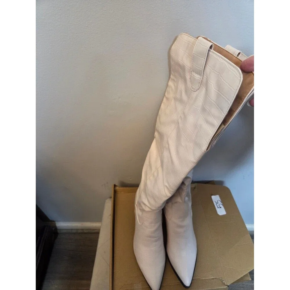 Journee Collection Therese knee-high boots in bone croc faux leather, 8.5 NIB